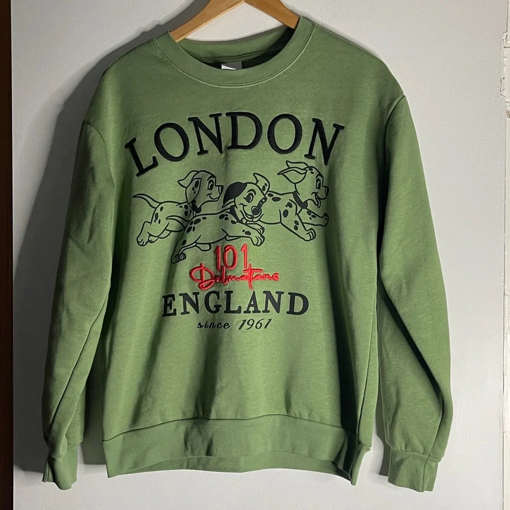 Disney 101 Dalmatians London England LARGE Green Crewneck Fleece Sweatshirt - Picture 3 of 8